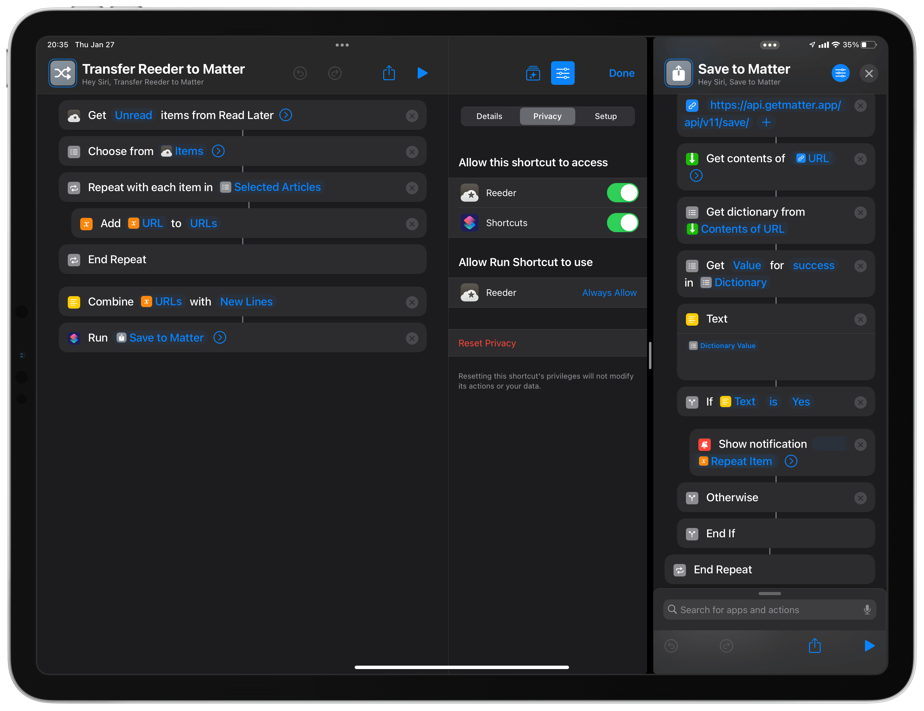 Screenshot of the two shortcuts side-by-side on an iPad Pro